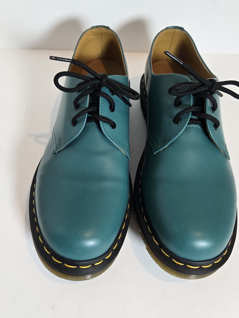 Dr. Martens Teal Lace-Up Leather Boots with Yellow Stitching